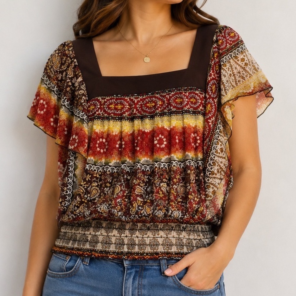 Boho Patchwork Paisley Blouse Women's M Flutter Sleeve Peasant Y2K Fairy Grunge